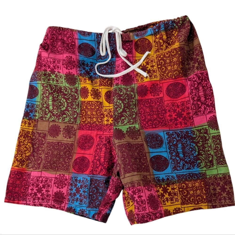 70s Vintage Boho Rainbow Patchwork Abstract Print Shorts